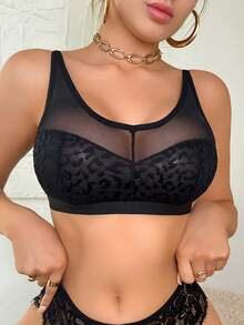 1件女士性感黑色蕾丝豹纹网纱拼接吊带背心内衣 - 黑色 - 查看 5