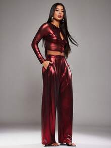 NYA SZN Consani 长袖修身镂空纽扣领网纱红色节日假日圣诞节新年派对活动场合上衣优雅奢华女装 - 紅色 - 查看 4