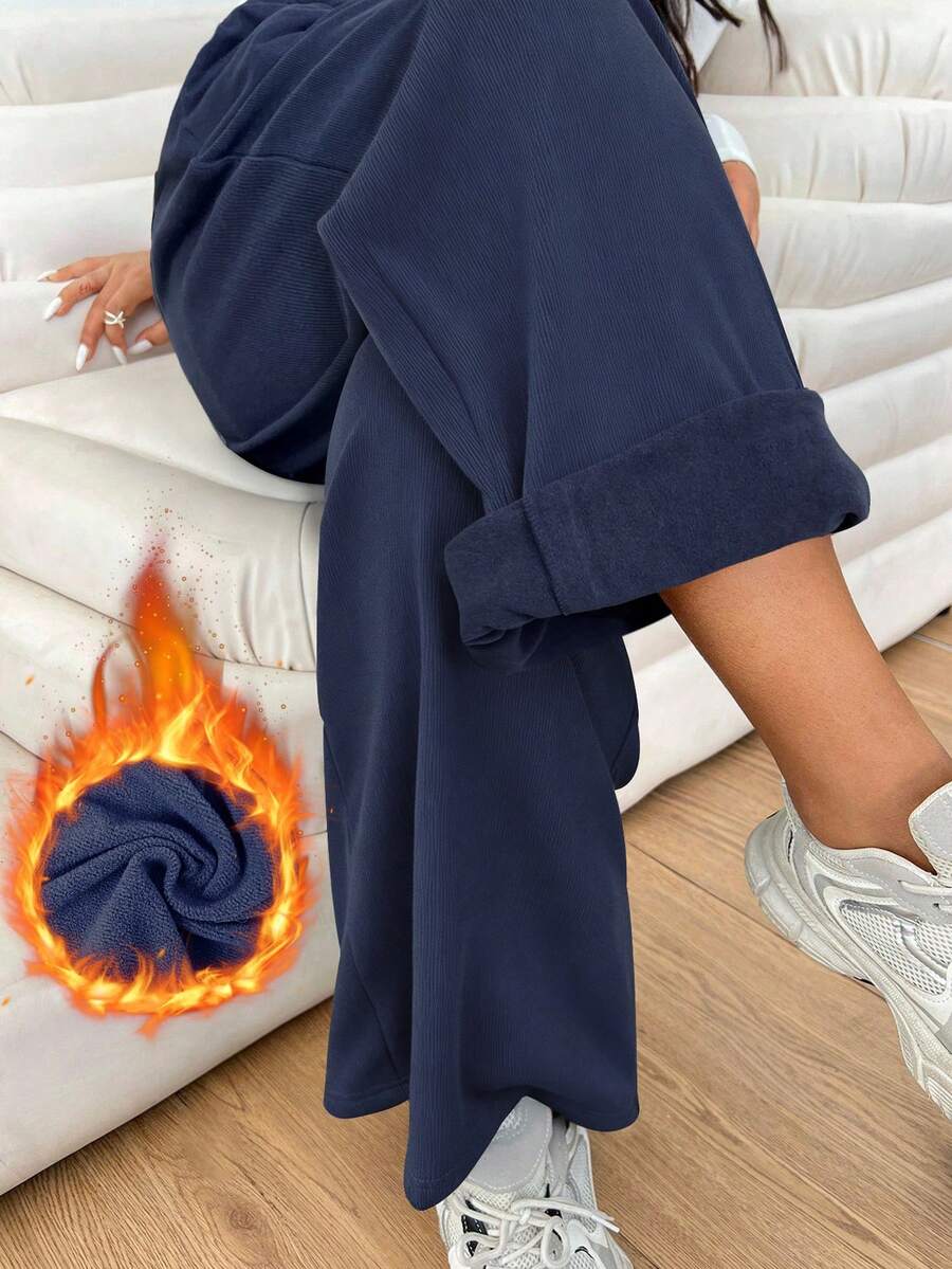 Solflare 大码女式休闲宽松裤，带保暖内衬，适合秋冬季穿着 - 藏蓝色 - 查看 1