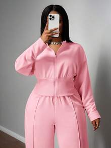 Slaydiva 大码女式纯色长袖拉链连帽衫和阔腿裤休闲套装两件套，舒适粉色两件套，端庄两件套 - 粉色 - 查看 15