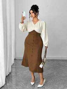 SHEIN Elenzya 时尚二合一中长连衣裙，拼接美人鱼下摆加大码连衣裙 - 彩色 - 查看 3