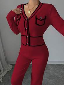 Selianne 女士撞色V领单排扣针织开衫和针织裤休闲两件套 - 酒紅色 - 查看 6