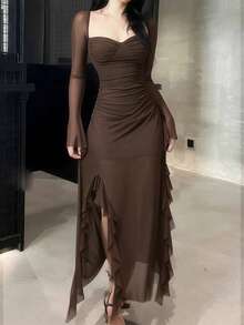 Chiquease 女士奢华晚礼服，纯色荷叶边开衩修身长袖连衣裙 - 棕色 - 查看 4