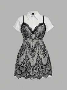 SHEIN MOD Bộ váy 2 món áo sơ mi kẻ sọc xanh trắng cỡ lớn kèm áo hai dây ren - Đen và trắng - Xem 1