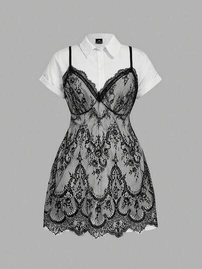 SHEIN MOD Conjunto de 2 piezas de vestido con camisa a rayas azul y blanco con camiseta de encaje para tallas grandes