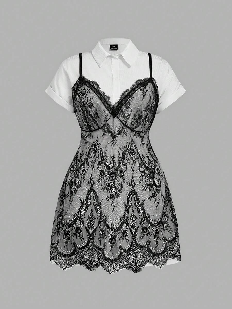 SHEIN MOD Bộ váy 2 món áo sơ mi kẻ sọc xanh trắng cỡ lớn kèm áo hai dây ren - Đen và trắng - Xem 1