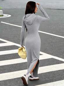 Muchica Women's Autumn/Winter Hooded Drawstring Slim Fit Long Sleeve Knit Bodycon Dress