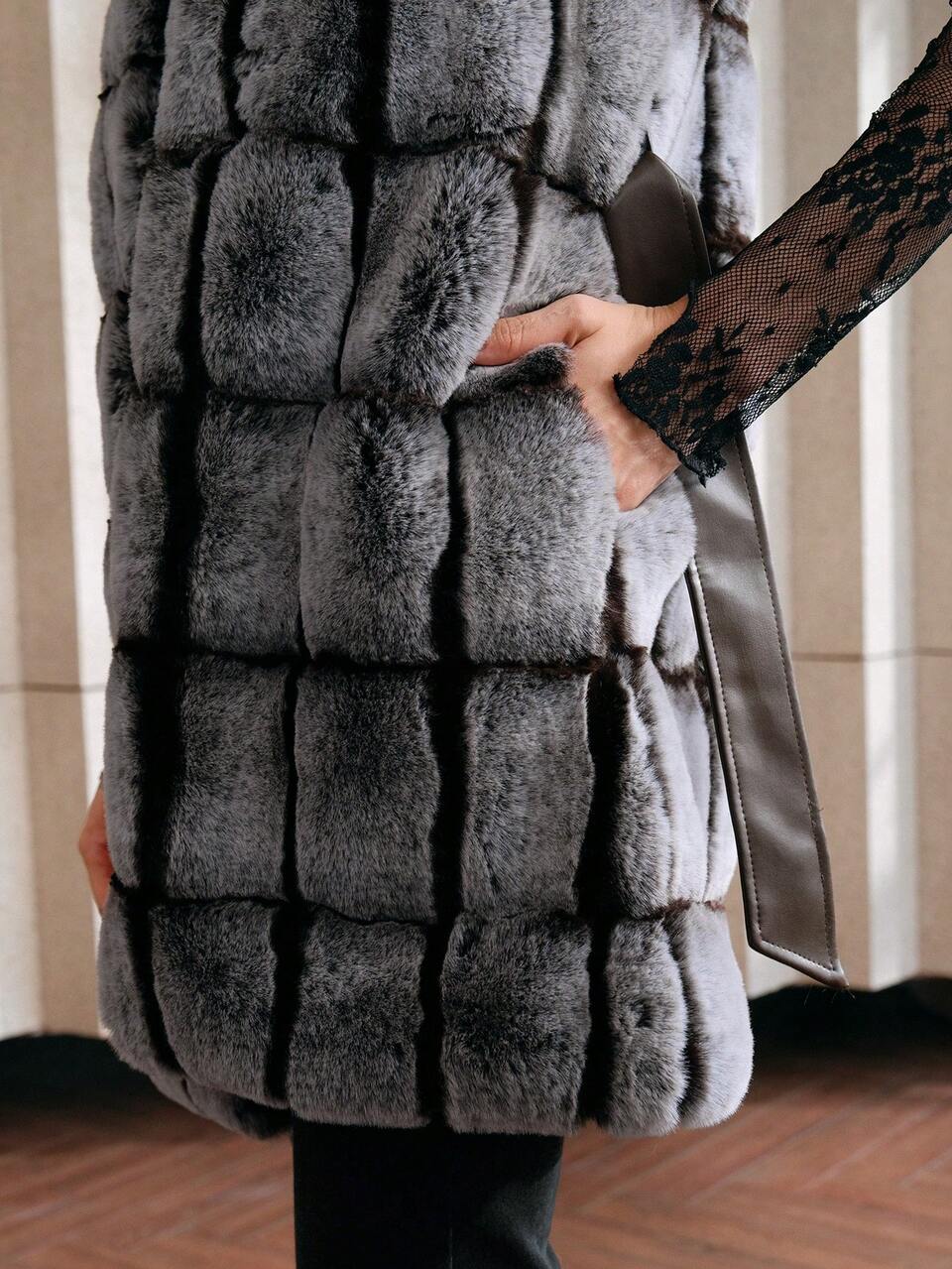 Anewsta Women's Grey Plaid Faux Rabbit Fur Mid-Length Vest Jacket,Winter Elegant Date Minimalist Cube Crop Top,Fashionable Versatile Formal Wedding Party