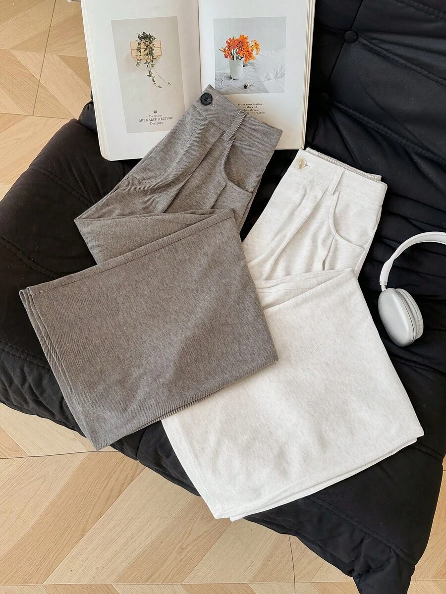 GlowEve 女士秋冬新款简约百搭休闲通勤高品质磨毛面料灰色+白色两件套阔腿裤 - 彩色 - 查看 1