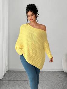 Elenzga Plus Size Asymmetrical Gigot Sleeve Loose Knit Sweater, Solid Color, Shoulder Exposed, Winter - Light Yellow - View 5
