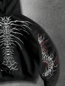 ROMWE MEN 男士字母和翅膀印花拉链连帽衫 - 黑色 - 查看 3