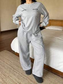 Dazy Plus Damen Große Größen Lässig Loose Fit Pyjama Set, beinhaltet gerade geschnittene Hose und lässiges Top, geeignet für Herbst/Winter - Grau - Übersicht 5