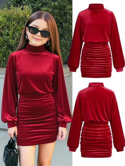 Firerie Kids Firerie Kids Tween Girls Red Ribbed Turtleneck Loose Waist Snug Fit Hip Ruched Snug Fit Dress, Casual Elegant Retro Versatile Layering Long Sleeve Short Dress, Suitable For Christmas Party, Winter Suitable For Everyday, School, Vacation, Party Occasions