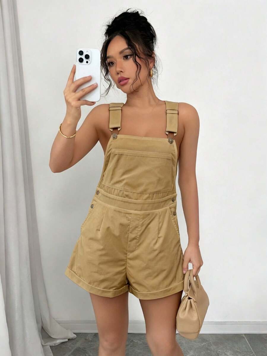 Chiquease Bộ áo liền quần thông thường tối giản màu trơn dành cho nữ - Màu Khaki - Xem 1