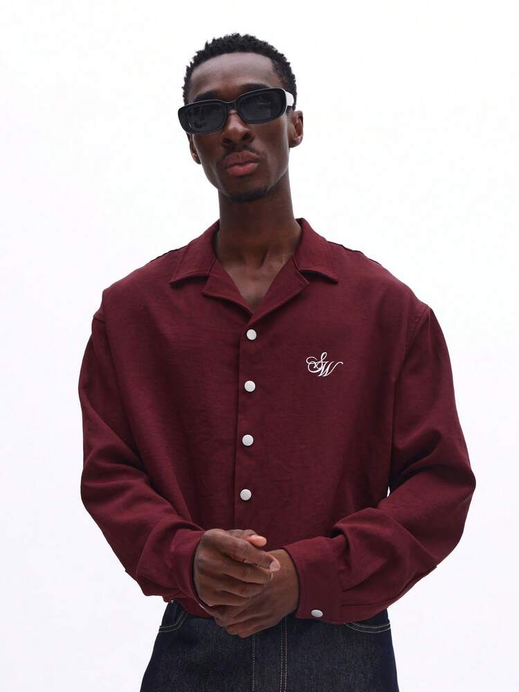 SUMWON Crop Fit Long Sleeve Revere Collar Button Down Shirt With Back Graphics Creative Department Script Casual