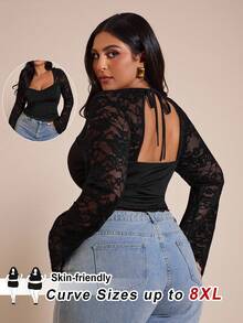 SHEIN CURVE+ CURVE PLUS /Ziua Îndrăgostiților/Bluză la modă cu mânecă lungă, model patchwork din dantelă, mărime mare, pentru femei, concert pentru femei, club sexy pentru femei, body pentru ziua de naștere, Curve, Crăciun, Ziua Națională, absolvire, Ziua Îndrăgostiților/2026 /Anul Nou, îmbrăcăminte casual și îmbrăcăminte de Ziua Îndrăgostiților