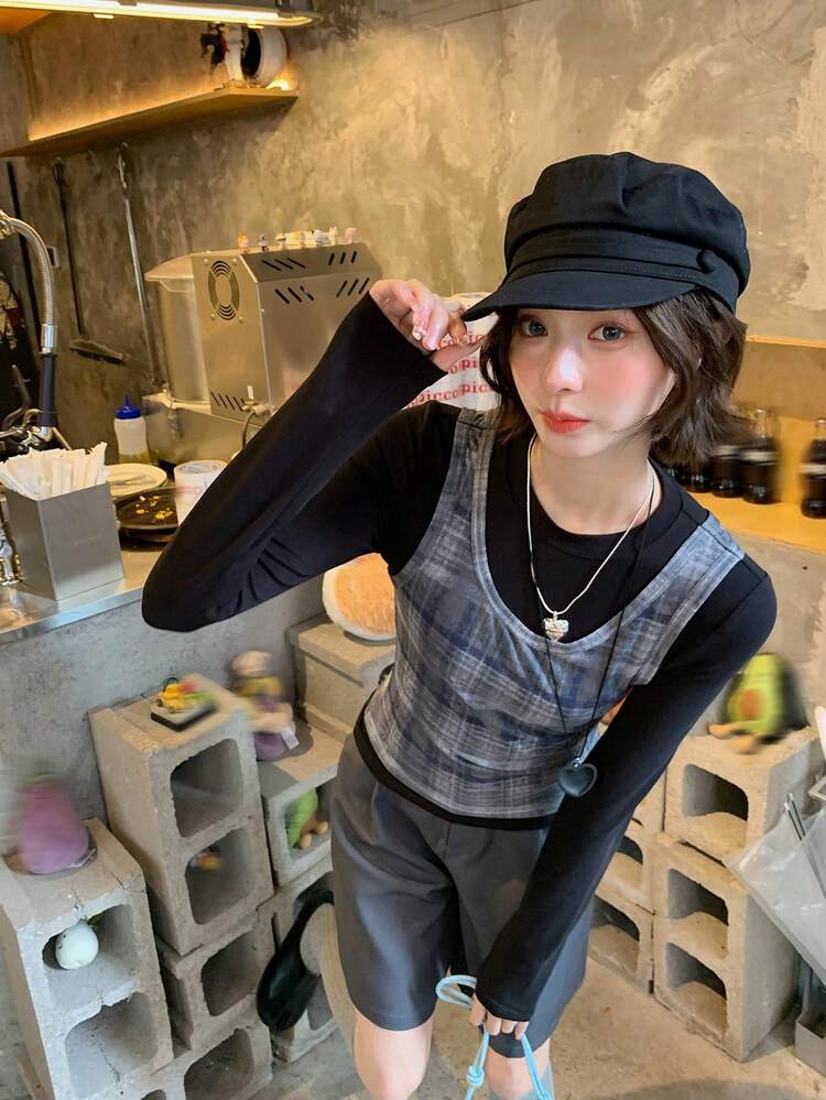Women's Solid Color Casual Long Sleeve T-Shirt & Plaid Vest 2-Piece Set