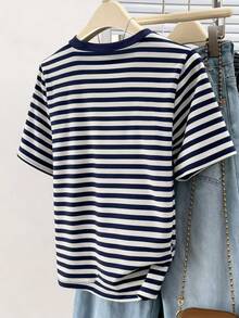 Resyla Summer Casual Striped Heart Embroidery Short Sleeve T-Shirt - Multicolor - View 2