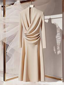 Franclia 女士法式优雅立领褶皱纯色中长款秋冬连衣裙适合鸡尾酒会和浪漫约会秋季婚礼宾客礼服