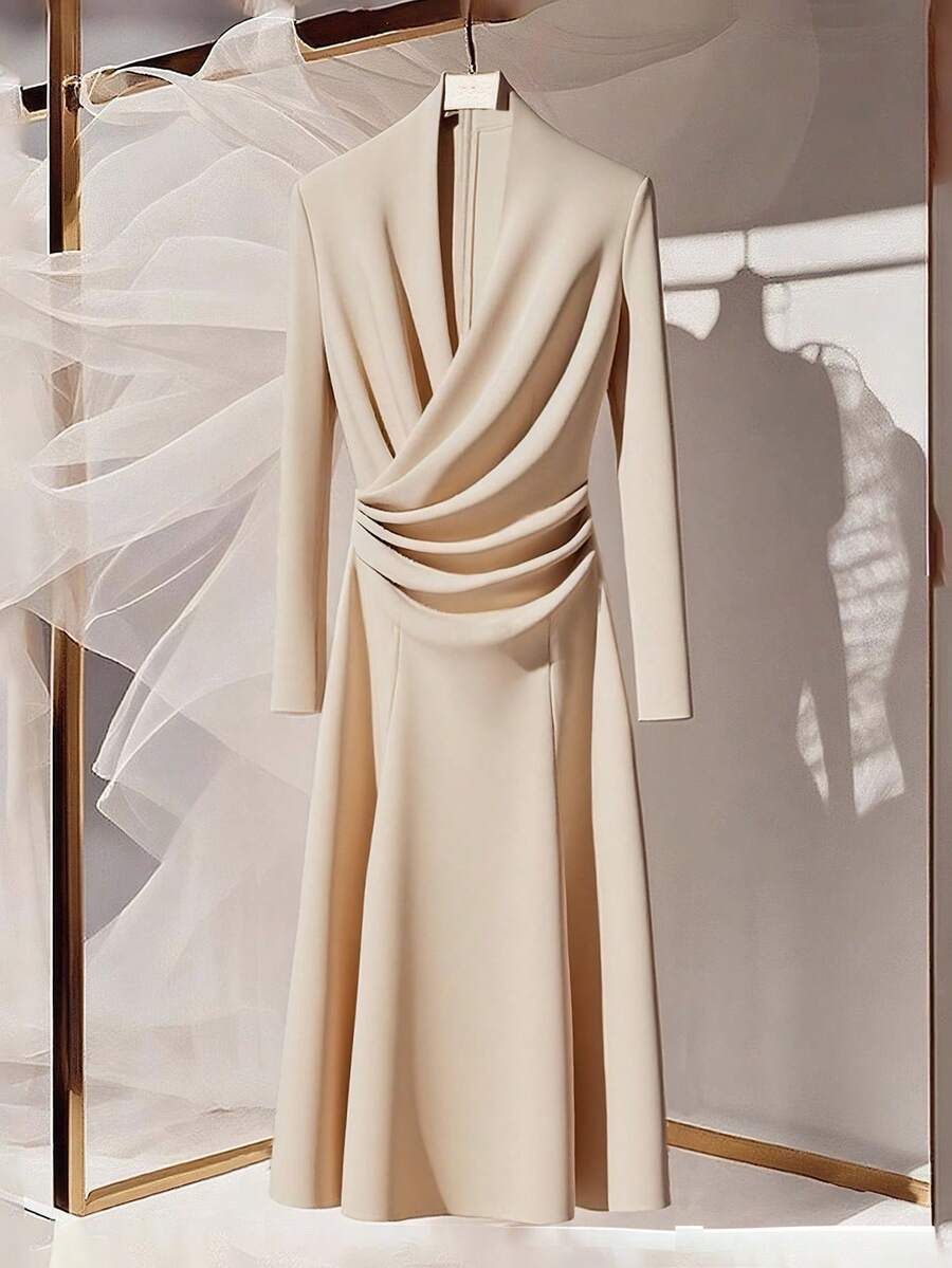 Franclia 女士法式优雅立领褶皱纯色中长款秋冬连衣裙适合鸡尾酒会和浪漫约会秋季婚礼宾客礼服