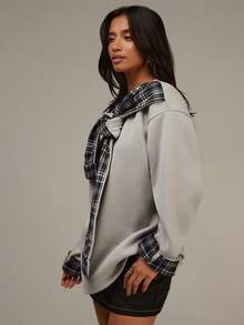 Athîral Sweatshirt Wanita Kasual Model Bahu Jatuh Ukuran Besar Warna Abu-abu dengan Desain Syal Kotak-kotak, Atasan Abu-abu, Musim Dingin, Nyaman dan Lembut - MultiWarna - View 5