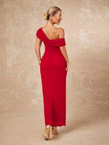 Lumalex 2025新款夏季海滩度假复活节波西米亚风海滩户外婚礼季派对成人仪式返校派对优雅安哥拉红色网纱单肩褶皱修身包臀长裙女式红色婚礼宾客礼服红色单肩连衣裙 - 紅色 - 查看 2