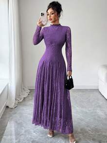 Modelyn Wine Red High Neck Waist Cinched Lace Dress For Women - Purple - View 5