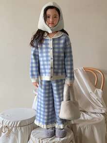 DAZY 2pcs/Set Young Girls Plaid Korean Style Cute Sweater Long Sleeve Jacket And Knitted Long Pants, Autumn