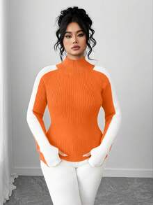 Elenzga Plus Size Slim Fit Colorblock Turtleneck Long Sleeve Sweater - Orange - View 5