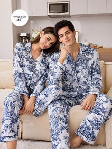 CoupledUp Chinese Style Figure Print Long Sleeve & Pants Men's Pajama Set - Multicolor - View 1