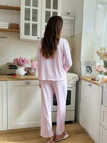 Snug Reverie Pink Bow Decor Lace Trim Women Pajama Set, Winter Clothes Ruffle Pajama Set Light Pink Pajama Set Sleep Wear Women 2 Piece Set Two Piece Sleepwear Set Lounge Wear Set - Pink - View 2