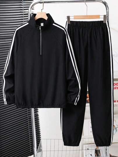 SHEIN 2 piezas Conjunto de chaqueta de manga larga con cuello alto y media cremallera con parche y pantalones con dobladillo con cordón para adolescentes, unicolor minimalista básico versátil, adecuado para el hogar, el transporte, la escuela, el uso diario casual, los viajes, al aire libre, fiestas, otoño e invierno, conjunto de ropa deportiva para trotar