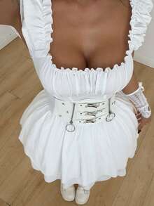 Coolane Winter Dresses For Women Y2K Goth Chic Rave Outfit Cotton Comfortable Vintage French Style Square Neck Waist Shaping Two-Tier Puff White Dress Puff Dress White Vintage Dress White Bubble Dress White Corset Dress Cute White Dress Milkmaid Dress White Western Dress - White - View 4