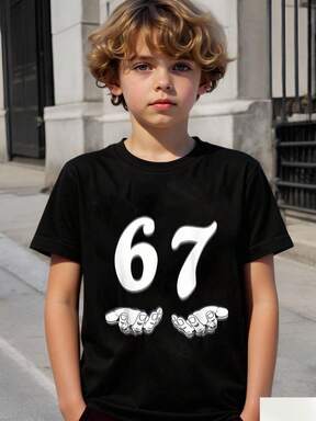 Young Boy Casual Comfortable Fashion Versatile Creative Funny Double Hand Holding "67" Graphic Short Sleeve T-Shirt, Suitable For Boys To Wear Outdoors, Sports And School In Summer