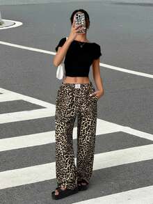 Muchica Leopard Print Woven Wide-Leg Streetwear Pants For Women - Multicolor - View 3
