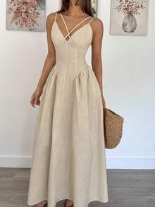 Siren Gaze 女式纯色交叉垂坠长款吊带裙 - 杏色 - 查看 6