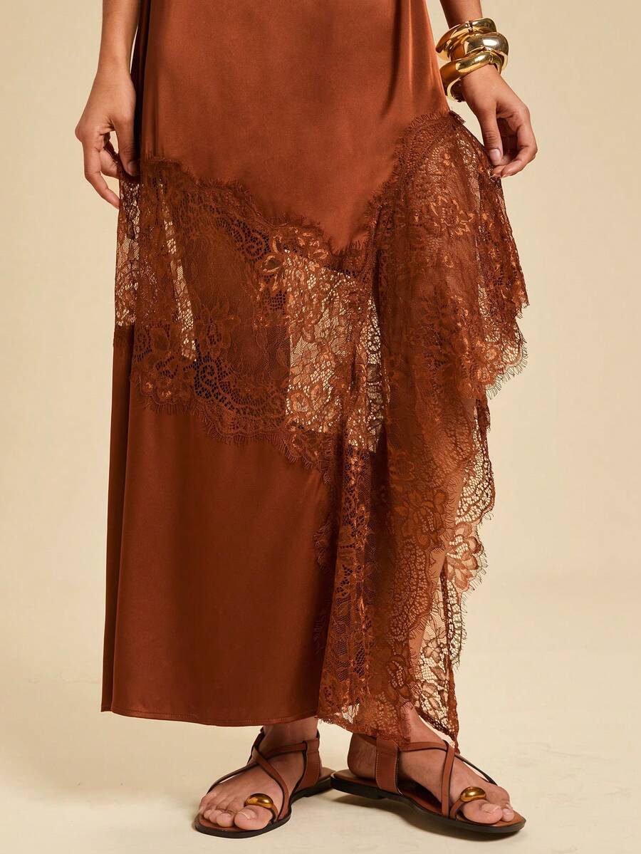Travachic Váy xẻ tà ren vá thanh lịch dành cho nữ - màu nâu - Xem 1