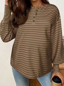 SHEIN 孕妇休闲条纹落肩纽扣长袖T恤，秋季哺乳上衣 - 摩卡棕 - 查看 6