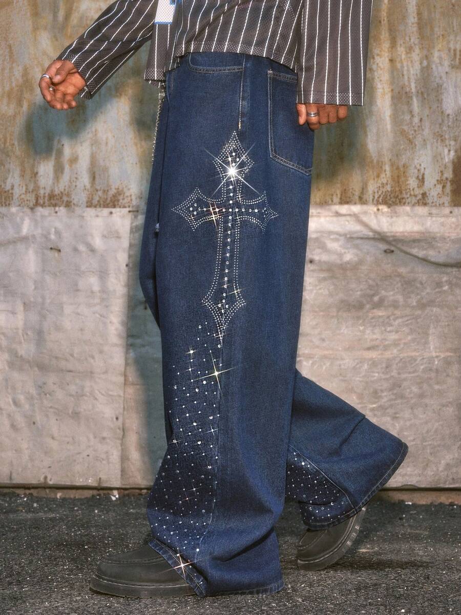 Manfinity NXTstreet Men's Washed Loose Casual Rhinestone Embellished Pants - Blue - View 1