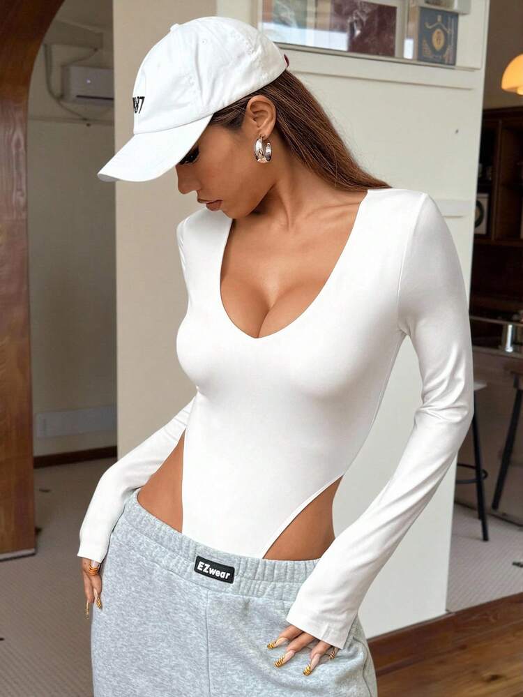 Muchica 1 pieza Mono de punto con cuello en V y manga larga para mujer - Blanco - Añade 4