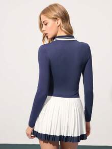 CourtClass Women's Partial Placket Ribbed Splice Sports Polo Shirt Long Sleeve Tennis Shirt Women's Tennis Polo Women's Tennis Outfit Women S Polo Tennis Top