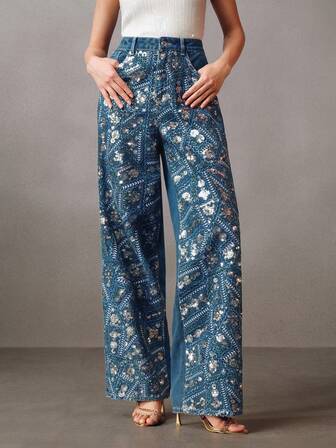 Anewsta Jeans elegantes de mujer con bordados y lentejuelas