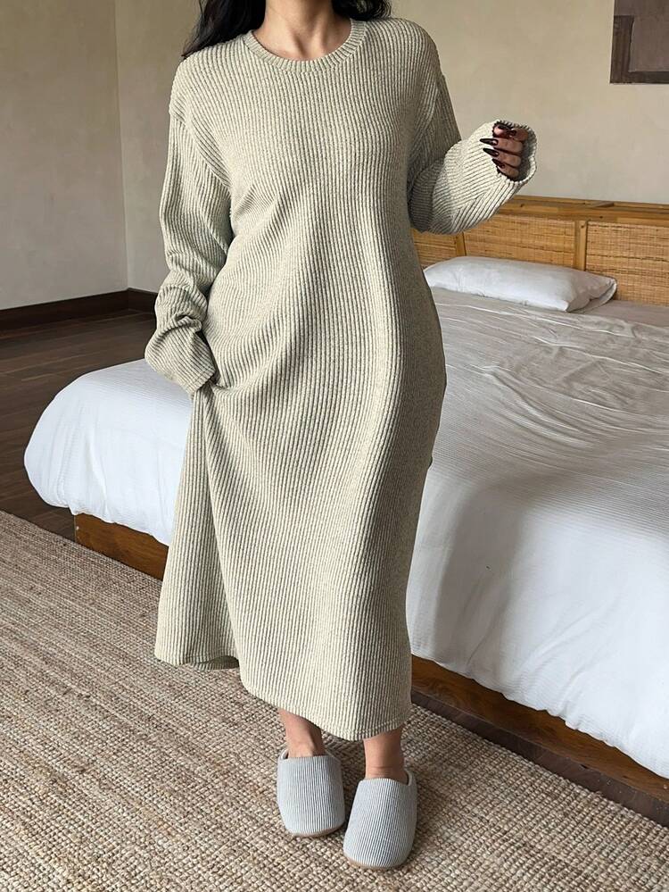 Dazy Plus Plus Size Women Loose Fit Solid Color Ribbed Long Nightgown, Casual Homewear