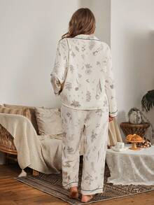 Serenescape Conjunto de pijama de manga larga con cuello, estampado floral y fruncido, para mujer de talla grande, ropa de invierno - Albaricoque - Ver 2