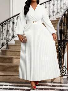 Fleurora Plus Size White Solid Color Pleated Dress, Fashionable For Summer Church Dresses For Women Festival Spring Outfit Women  Wedding Guest Dress For Women  Birthday Dress Vacation Casual Dresses For Women - White - View 5