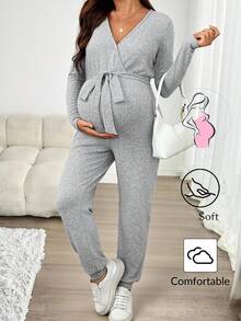 SHEIN 孕妇纯色简约V领长袖连体裤，日常穿着 - 灰色 - 查看 1