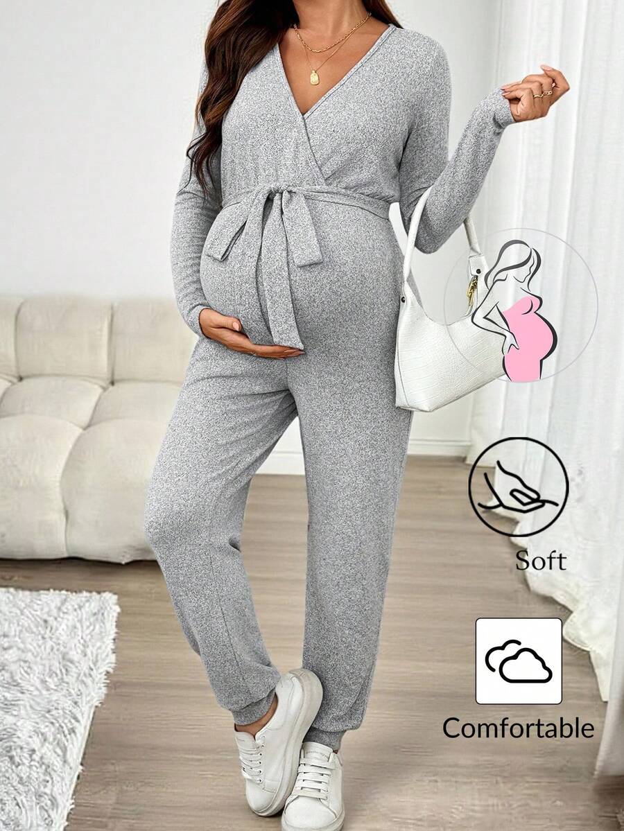 SHEIN 孕妇纯色简约V领长袖连体裤，日常穿着 - 灰色 - 查看 1
