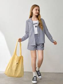Tween Girls Striped Long Sleeve Shirt And Shorts Set - Navy Blue - View 4