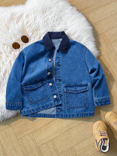 Young BoyKhaki Denim Lapel Long Sleeve Loose Jacket
