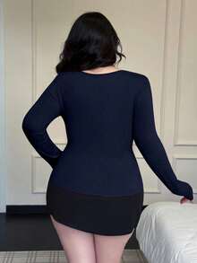 Vibekara Fall, Winter, Bow, Elegant Contrast Lace V-Neck Long Sleeve Sexy Minimalist Blouse - Navy Blue - View 2